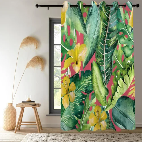 Miniatura 3 de Renaiss Cortinas de plantas tropicales, hojas de palma verdes y flores amarillas, cortinas opacas con ojales en la parte superior, 45 pulgadas