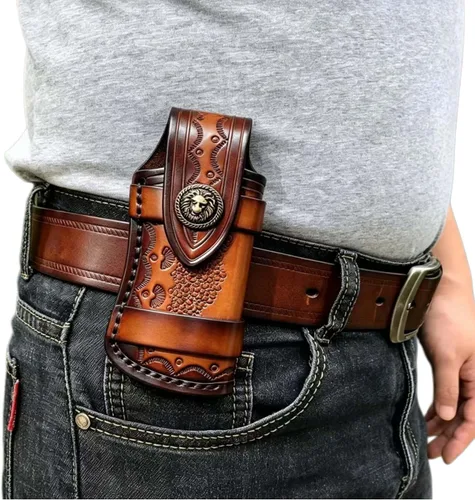 Miniatura 2 de Funda de Cuero Genuino para Cuchillo de Bolsillo de 4.25'', Funda con Broche de Transporte Horizontal para Leatherman Wave, Bolsa de Cuero de Grano
