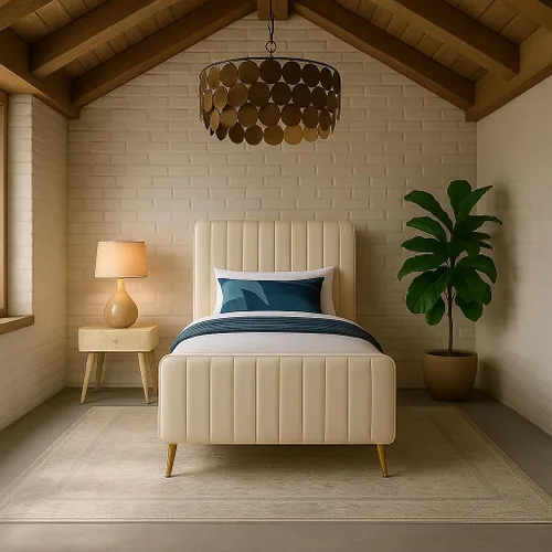 Miniatura 2 de Meridian Furniture Colección moderna Zara Cama tapizada de terciopelo contemporáneo con acolchonamiento de canal profundo y patas doradas a Crema