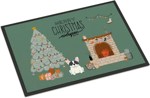 Caroline's Treasures CK7574MAT Piebald French Bulldog Christmas Everyone - Felpudo de 18 x 27 pulgadas, tapete para puerta delantera, interior y
