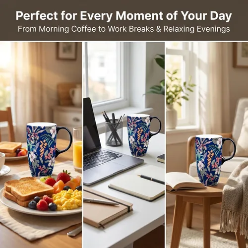Miniatura 3 de Taza de Café de Cerámica de Porcelana con Tapa para Lata de Té 17oz. Azul y Verde, 2 Piezas