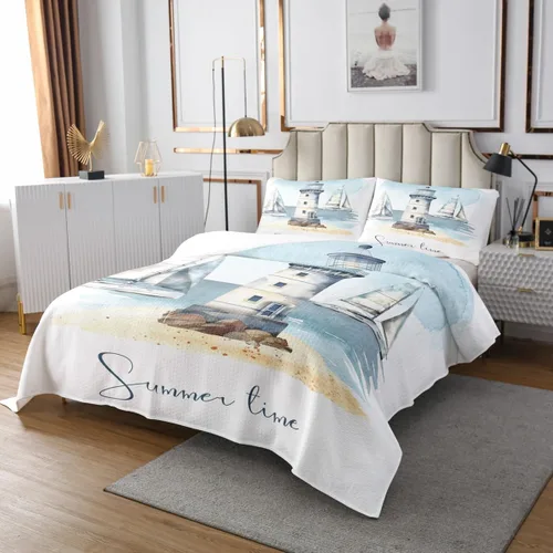 Miniatura 3 de Erosebridal Juego de colcha náutica, juego de edredón de lancha de vela, faro, acuarela con temática oceánica, juego de ropa de cama de verano
