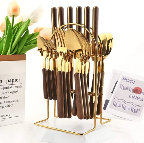Miniatura 4 de Juego de cubiertos dorados de espejo de 24 piezas con soporte para cubiertos, cubiertos colgantes con mango redondo de madera, incluye cuchillo