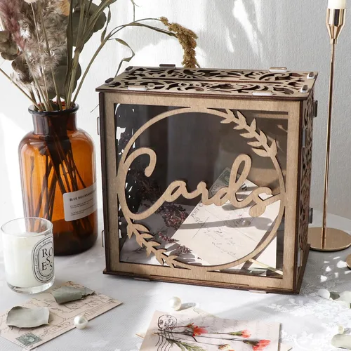 Miniatura 7 de OurWarm Caja de Tarjetas de Boda para Recepción, Cajas de Tarjetas de Boda de Madera con Ventana, Caja de Tarjetas de Regalo de Dinero con Sobre