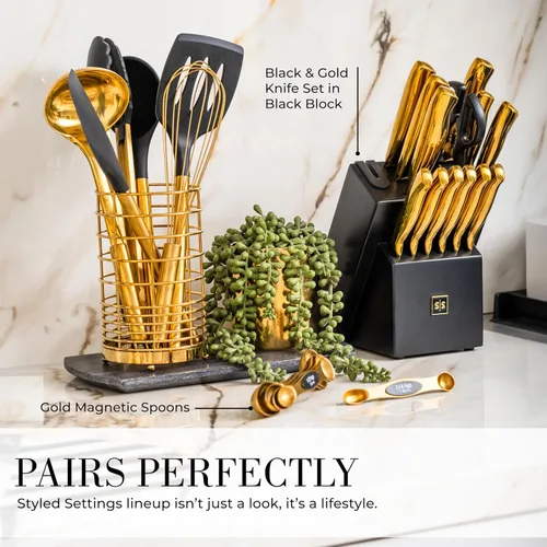 Miniatura 3 de Juego de utensilios de cocina negros y dorados, herramientas de cocina de silicona de 7 piezas con soporte dorado para utensilios de cocina 7 piezas