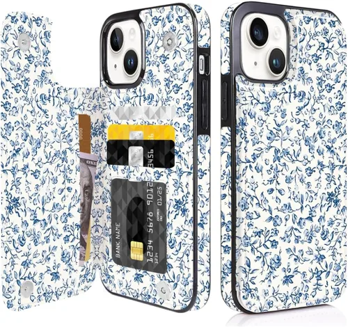 Miniatura 11 de Funda compatible con iPhone 14/15 con tarjetero y ranuras integradas de piel sintética con función atril y a prueba de golpes para iPhone 14/15