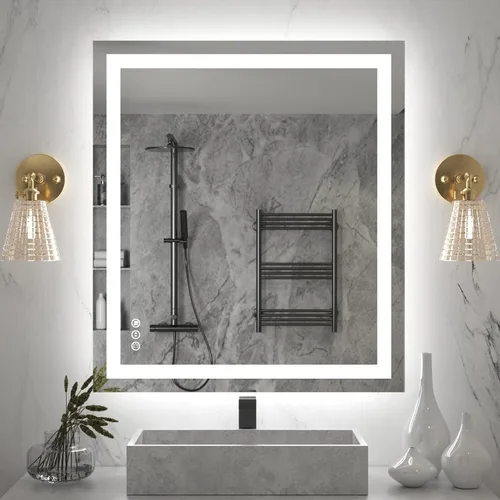 Miniatura 60 de Amorho Espejo de baño LED de 24 x 32 pulgadas con luces, iluminación frontal y retroiluminación, regulable continuamente, antiniebla, vidrio Frente