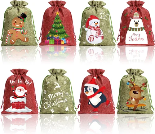 Shappy 16 bolsas de arpillera navideñas con cordones, 6 x 8 pulgadas, pequeñas bolsas de regalo navideñas cestas para regalos de Navidad, obsequios