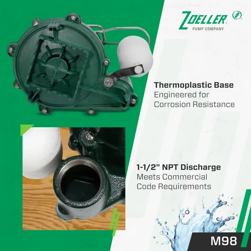 Miniatura 4 de Zoeller Bomba de sumidero M98 Flow-Mate - 1/2 HP - Hierro fundido - Enchufe de alimentación LED - Alto flujo - Turbina de vórtice - Hardware