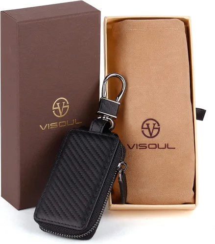 Miniatura 5 de VISOUL Funda de cuero para llavero de automóvil para hombres y mujeres, funda protectora de llavero inteligente con gancho de metal y llavero