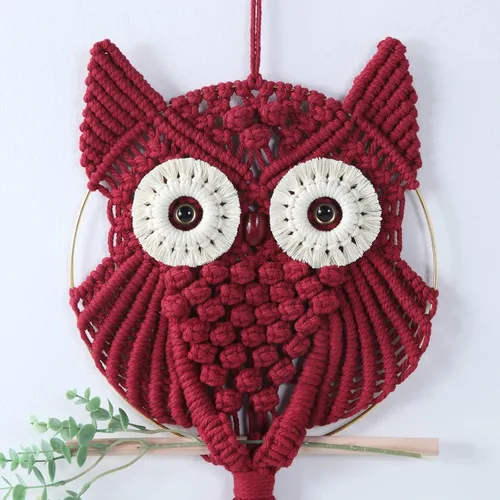 Miniatura 2 de MVSUTA Owl Burgundy Cotton Handmade Macrame Wall Hanging Tapestry Home Decor Art and Red Craft Wonderful Decoration Woven Boho Ornament for Office