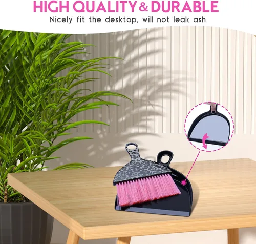 Miniatura 7 de THINKLEARN Juego de 2 mini recogedores y cepillos, juego de escoba pequeña y recogedor con diseño de estampado de leopardo rosa, escoba de mano