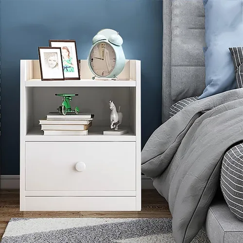 Miniatura 4 de HM&DX Mesita de noche de madera con cajón de almacenamiento y estante abierto, moderna mesita de noche blanca lateral estrecha, mesita de noche alta