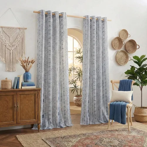Miniatura 34 de NICETOWN Cortinas bohemias de lino transparente para sala de estar, cortinas semitransparentes de granja con patrón de rayas bohemias, cortinas Gris