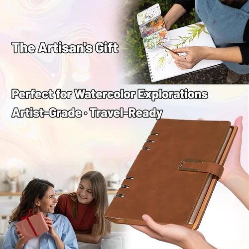Miniatura 6 de Cuaderno de bocetos profesional de acuarela con carpeta de 6 anillas, 20 hojas de papel de prensa en frío 100% algodón 100% algodón sin ácidos, 9.25