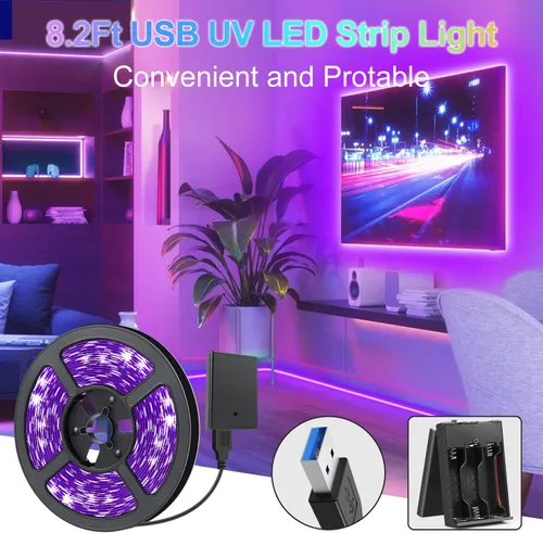 Miniatura 5 de Tira de luz LED negra UV de 16.4 pies, 3528 385 nm-400 nm, tira de luz negra no impermeable con caja de batería, para pintura corporal fluorescente