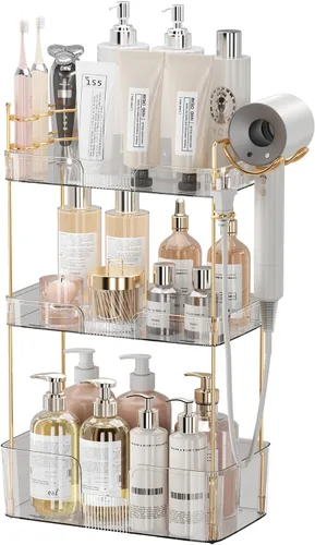 Miniatura 10 de Akinbas Organizador de baño de 3 niveles, bandeja de perfume de maquillaje, organizador de cuidado de la piel para tocador de baño (dorado)