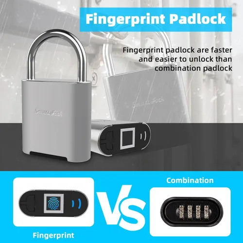 Miniatura 3 de Candado de huellas dactilares, cerradura inteligente biométrica, IP66 impermeable, cerradura de gimnasio de aleación de zinc recargable