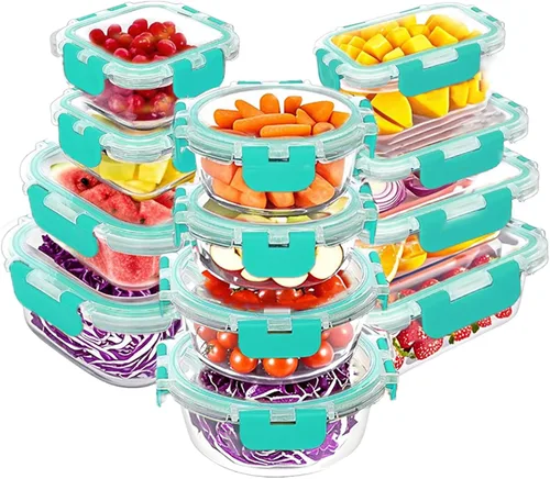VERONES Juego de 12 paquetes de recipientes de vidrio para almacenar alimentos, recipientes de vidrio herméticos para almuerzos, recipientes de