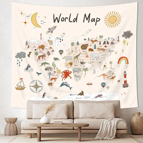 Imirell Tapiz de mapa del mundo para niños, 59 pulgadas de ancho x 51 pulgadas de alto, lindo animal de dibujos animados, herramienta de aprendizaje