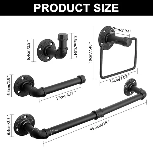 Miniatura 6 de Kit de accesorios de baño de tubería industrial de 5 piezas, montaje en pared, incluye toallero, ganchos para bata, soporte para papel higiénico