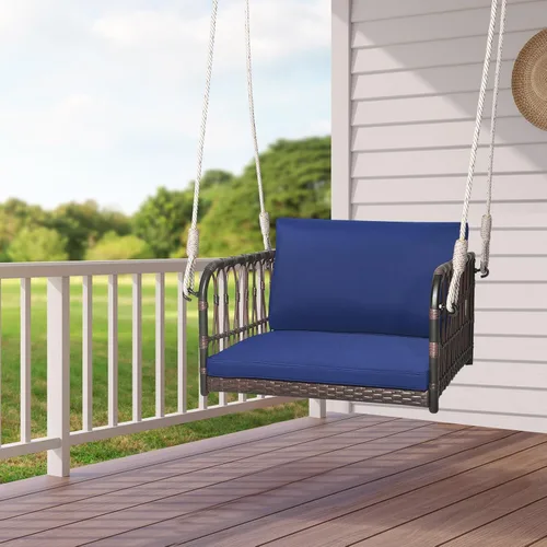 Miniatura 2 de HAPPYGRILL Silla de columpio para porche, asiento colgante tejido de ratán con cuerdas para colgar, ganchos de cojines, banco colgante de mimbre