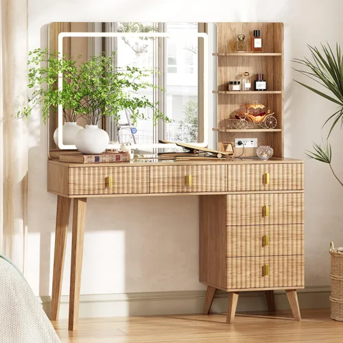 Miniatura 9 de Ieejdn Escritorio Grande de Tocador con Espejo y Luces, Escritorio de Tocador con 6 Cajones y Estantes de Almacenamiento, Mesa de Tocador con Toma