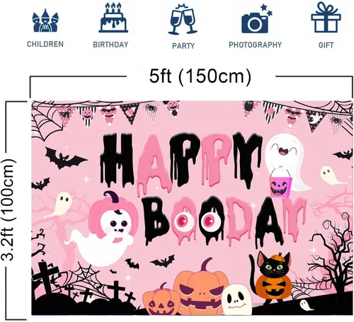 Miniatura 2 de Decoraciones de fiesta de feliz boo, decoraciones de fiesta de cumpleaños de Halloween rosa y negro, pancarta de fondo de feliz día de abucheo