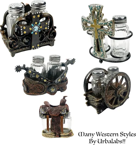 Miniatura 7 de Urbalabs Western Saddle Wagon Wheel Spur and Belt Country Star Cowboy Roper Star - Salero y pimentero con hebilla de estrella, carrito para mesa