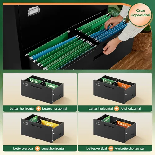 Miniatura 5 de Letaya Archivador de 2 cajones con cerradura, archivador lateral de metal para oficina en casa, tamaño carta/legal/A4