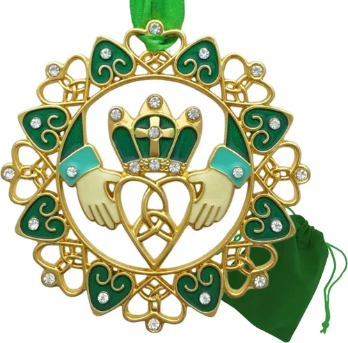 Adornos de Navidad irlandeses – Diseño Claddagh dorado con joyas y esmalte – Caja de regalo con poema irlandés – Bolsa de almacenamiento de regalo