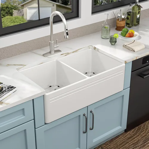 Miniatura 11 de Fregadero de cocina blanco de 32 x 19 pulgadas, cuenco doble de arcilla refractaria de porcelana de cerámica blanca, doble montaje 50/50, montaje