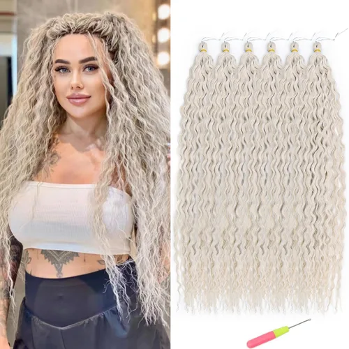 Miniatura 39 de MAYSA Extensiones de cabello sintético de ganchillo con ondas oceánicas, color 4 marrón, 22 pulgadas, rizado trenzado, extensiones de cabello