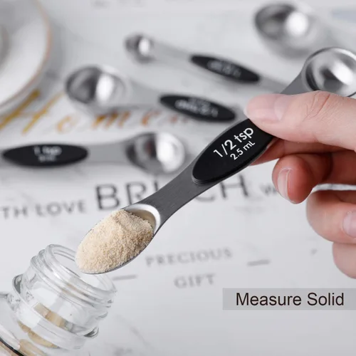 Miniatura 5 de Juego de 8 cucharas medidoras magnéticas apilables de acero inoxidable de doble cara y cucharadas para medir ingredientes secos y líquidos Negro-8