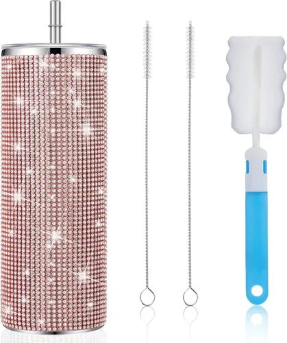 Miniatura 9 de Tessco Vasos Tumbler con Pedrería Brillante con Pajita Botella de Agua con Purpurina Tumbler de Pajita de Acero Inoxidable Vaso Aislado con Pedrería