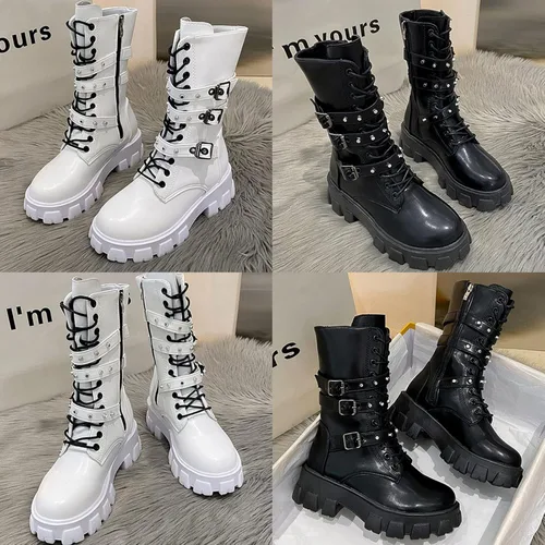 Miniatura 5 de Botas de media pantorrilla para mujer, ligeras, a la moda, con múltiples hebillas, con cordones, antideslizantes, altura de motocicleta