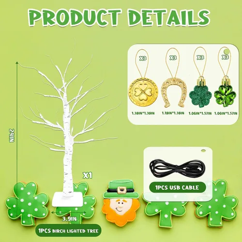 Miniatura 3 de Yquqwn Decoraciones del día de San Patricio, árbol de abedul iluminado con adornos de trébol, monedas de oro, 24 LED para el hogar, mesa, tienda