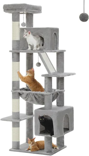 Miniatura 14 de Árbol para gatos de interior, 2 acogedores condominios con espaciosa percha superior, torre para gatos de varios niveles de 56.3 pulgadas con postes