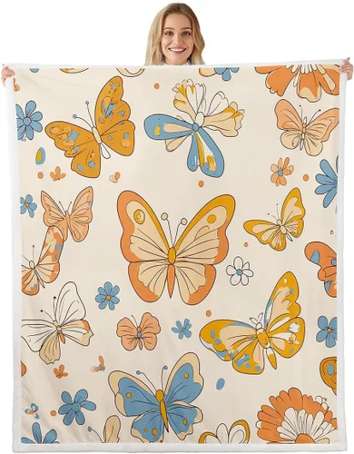 Miniatura 6 de Manta de vellón Kawaii Mushroom Boho – Hippie Groovy Floral Sherpa Queen – 60s 70s Retro Vintage Theme Throw – Chic Daisy Flower Plush Geometric