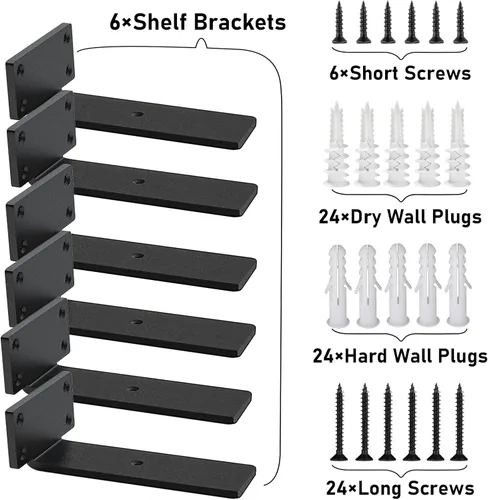 Miniatura 5 de Soportes de estante flotante resistentes - Soportes de L de metal negro industrial de 1/5 pulgada de espesor, soportes de estante de acero sólido