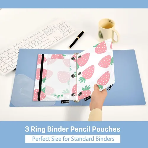Miniatura 5 de Estuche para lápices de fresas rosas para carpetas de 3 anillas, estuche para lápices, bolsa de maquillaje con ventana transparente para almacenar