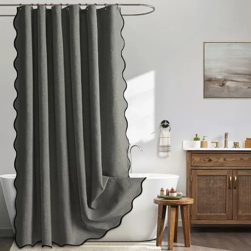 Miniatura 27 de MIULEE Cortina de ducha festoneada de lino texturizado con 12 ganchos de metal, bonita cortina de ducha de tela gruesa resistente, lavable, Negro