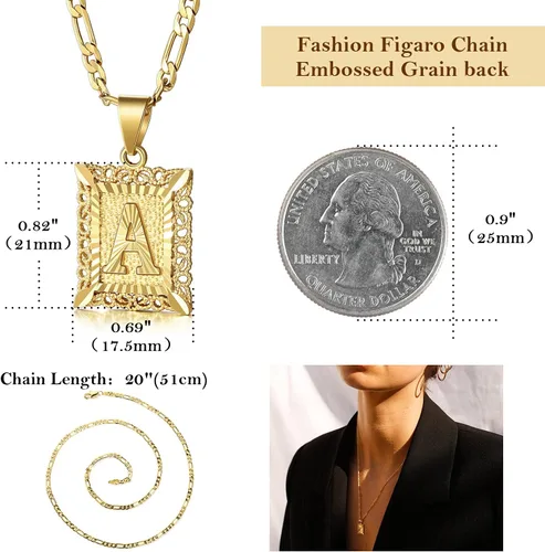 Miniatura 5 de KissYan Collar Figaro con dije y letra inicial para hombres y mujeres collar chapado en oro de 18 quilates con dije de monograma cuadrado letras