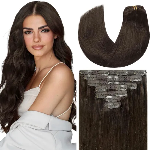 Miniatura 60 de Loxxy Extensiones de cabello humano con clip, sin costuras, 22 pulgadas, color marrón oscuro a castaño oscuro y marrón oscuro, 7 piezas