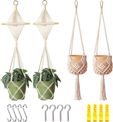 Miniatura 14 de Maceta Colgante con Patrones, Juego de 4 Colgadores de Macramé para Plantas de Interior, para Macetas de hasta 8 Pulgadas, Soporte de Ganchillo Boho