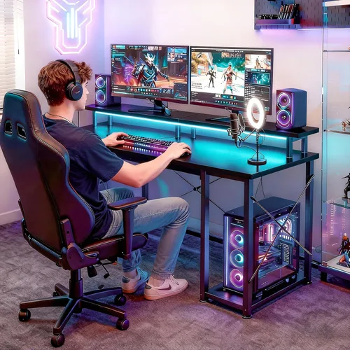 Miniatura 6 de ODK Escritorio gamer de 48 pulgadas con luces LED y enchufes, escritorio para computadora con soporte para monitor y estantes de almacenamiento