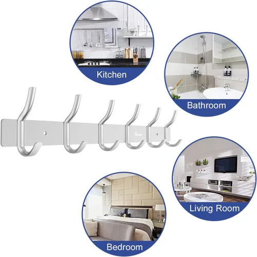 Miniatura 7 de Montado en la pared 16 pulgadas Percha Percha 6 ganchos aleación de aluminio plata para baño Kithchen plateado