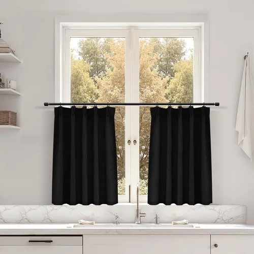 Miniatura 155 de Juego de 2 paneles de cortinas de ventana de cocina beige de 24 pulgadas de largo, con textura de lino, plisadas, filtrantes de luz, semi pequeñas