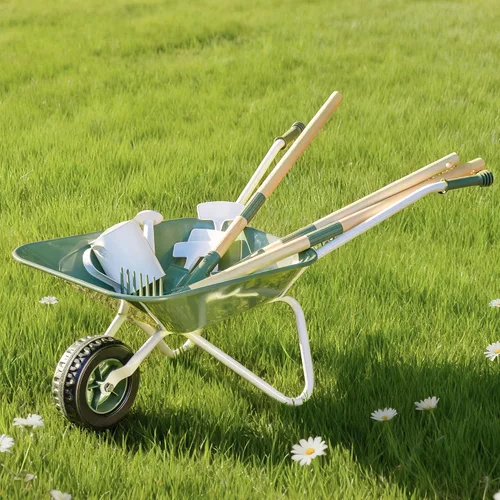 Miniatura 11 de ROBOTIME Carretilla para niños con juego de jardinería – Carretilla de metal para niños pequeños, juguete de juego al aire libre con herramientas