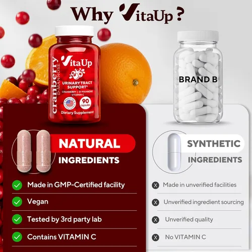 Miniatura 6 de VitaUp D-manosa con arándano y vitamina C - Cápsulas de D-manosa 1000 mg fabricadas en EE. UU. - Pastillas de arándano para el tracto urinario